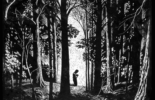 Linoleum block print, "First Vision" by Warren Luch.  The print pictures Joseph Smith kneeling in the woods.  Joseph is in a shaft of light surrounded by trees.  The print is signed by the artist on the lower right corner.  This is the same print as LDS 91-26 but on different paper.
