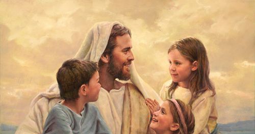 Der lächelnde Jesus Christus und lächelnde Kinder