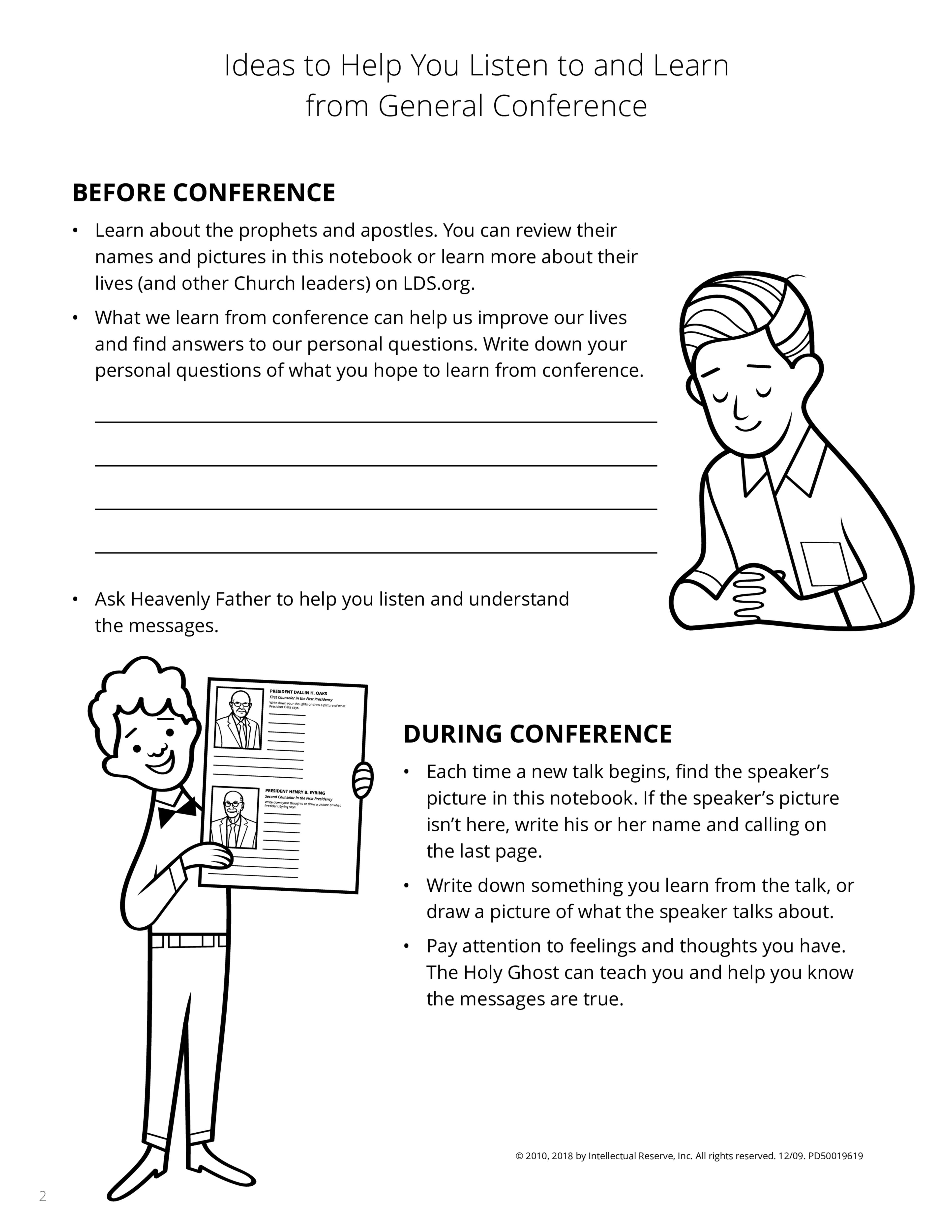 An activity page to encourage children to listen and engage before and during general conference.