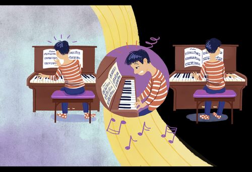 Un niño equivocándose al tocar las notas en un piano