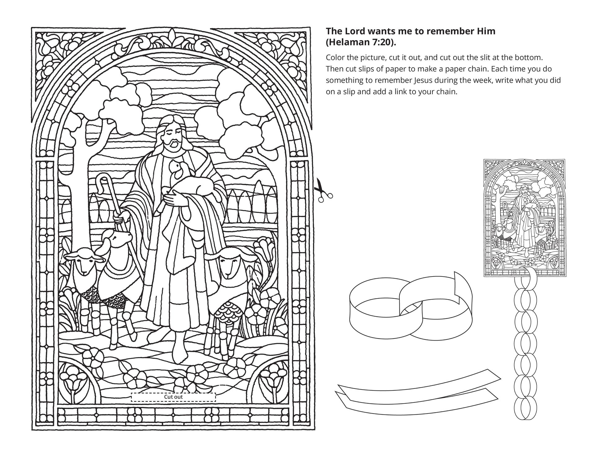 Line art of a stained glass window depicting Christ as the Good Shepherd.