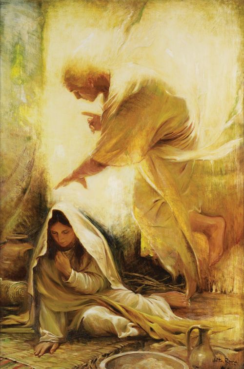 A painting by Walter Rane showing Mary in a white ankle-length garment, kneeling on the ground with an angel appearing above her.