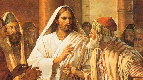 Jesus Christ clasping a man’s withered hand as He heals him