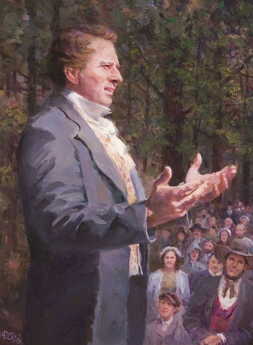 A painting by Archie D. Shaw showing Joseph Smith in an outdoor setting, talking to a group of people.