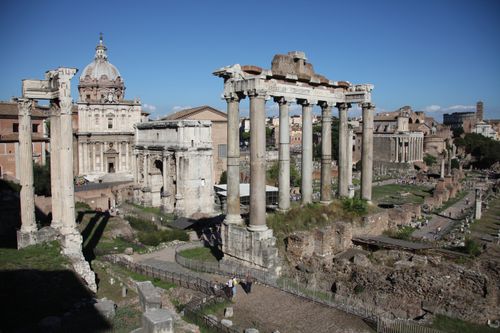 A photograph of the ancient ruins of the Roman Forum in Rome, Italy.