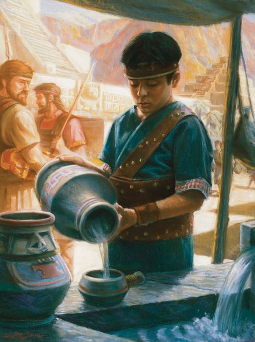 A painting by Scott M. Snow depicting Mormon at 10 years old pouring water from a pitcher, with two men in the background.