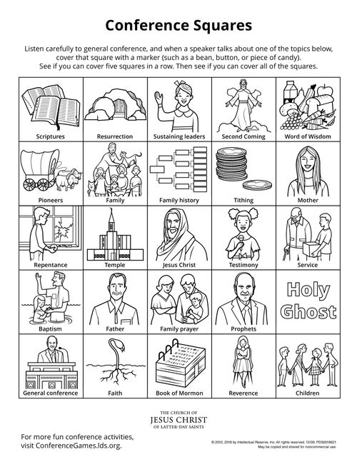 An activity page of squares that encourages children to listen and engage while watching General Conference.