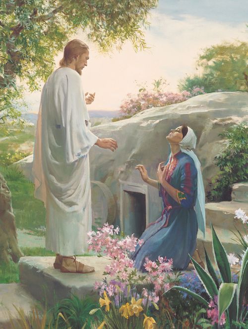 The resurrected Christ stands before Mary, who is kneeling and looking toward Him outside of the Garden Tomb.
