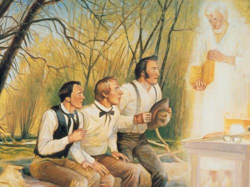 Angel Moroni shows plates to Joseph Smith, Oliver Cowdery, and David Whitmer.