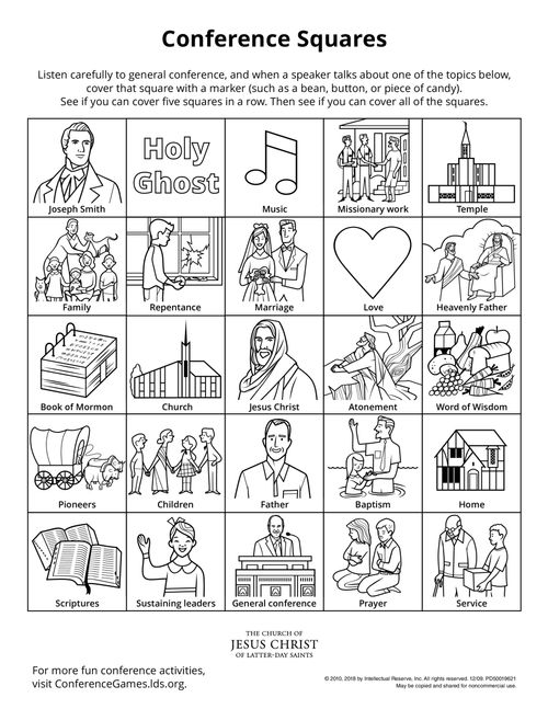 An activity page of squares that encourages children to listen and engage while watching General Conference.