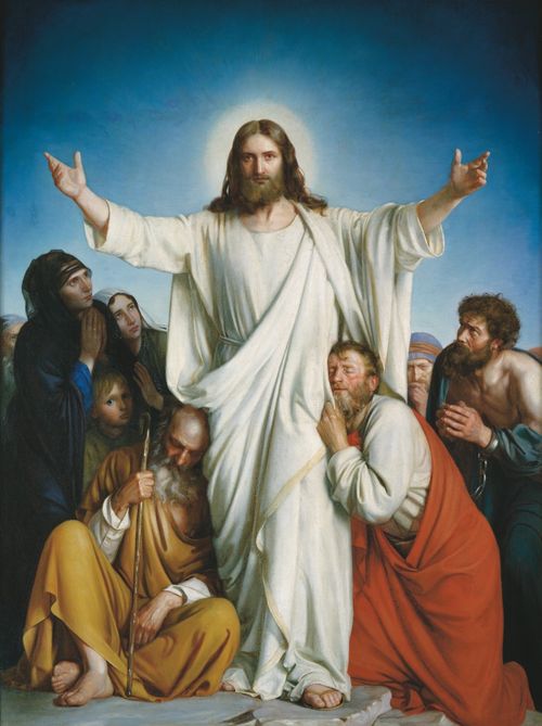 A painting by Carl Heinrich Bloch showing Christ in flowing white robes, holding His arms out while a group of people gather near Him in worship.