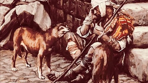 Lazarus in rags, sitting at the foot of stairs