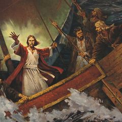 Jesus Christ on a ship with some of His Apostles. Christ has His arms extended as He calms a storm at sea. The Apostles are looking at Christ as He performs the miracle. (Matthew 8:23-27 Mark 4:35-41 Luke 8:22-25.)