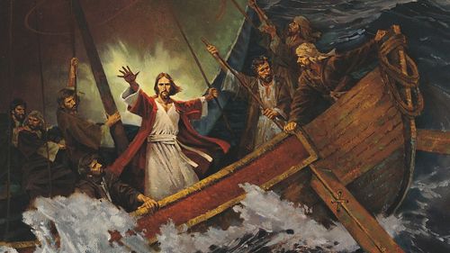 Jesus Christ on a ship with some of His Apostles. Christ has His arms extended as He calms a storm at sea. The Apostles are looking at Christ as He performs the miracle. (Matthew 8:23-27 Mark 4:35-41 Luke 8:22-25.)