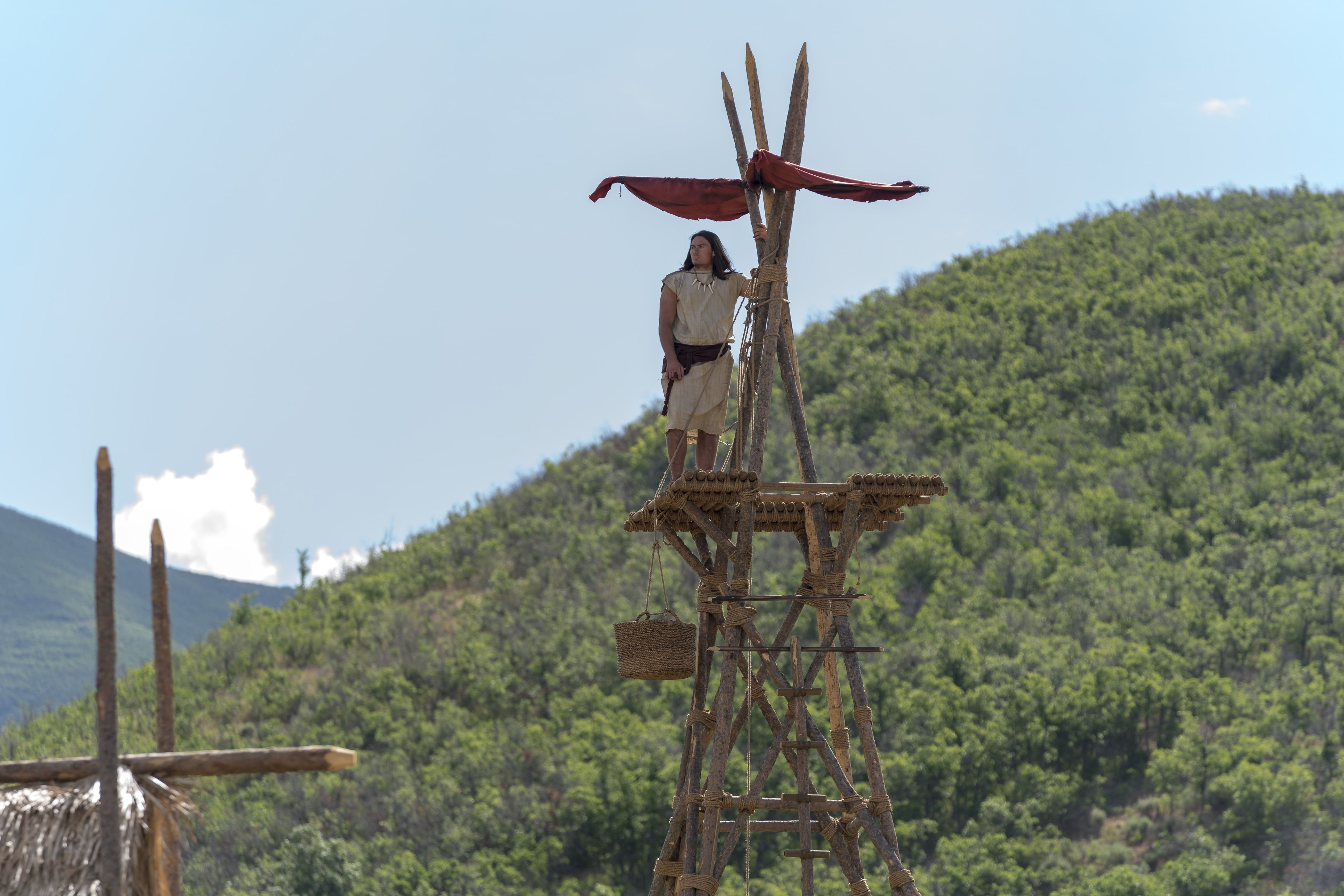 A Nephite guard stands on a watchtower in the Land of Nephi.