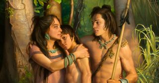 Lamanite mother hugging a younger son as an older son holding a spear prepares to leave