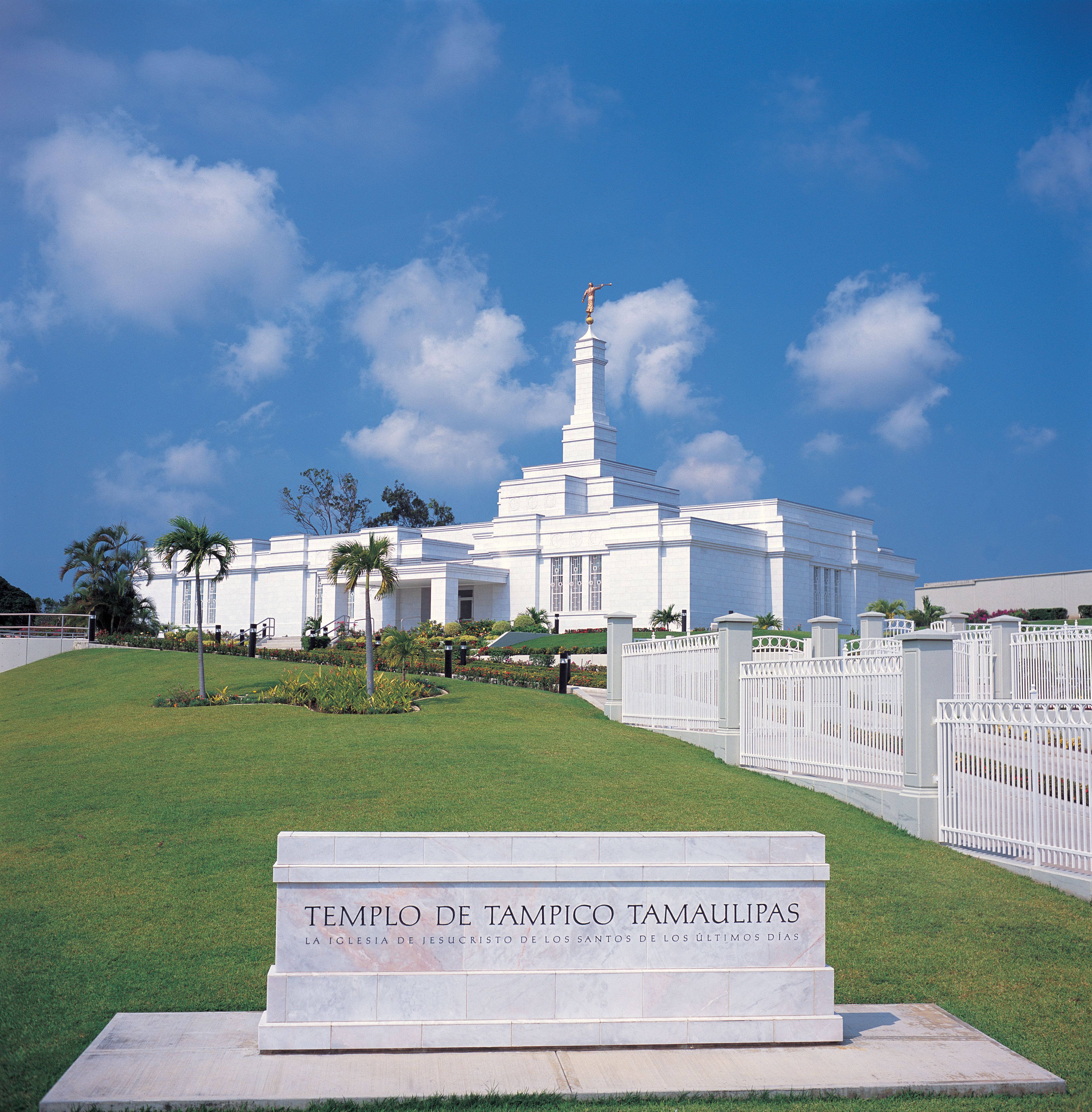 The Tampico Mexico Temple, including the name sign and scenery.