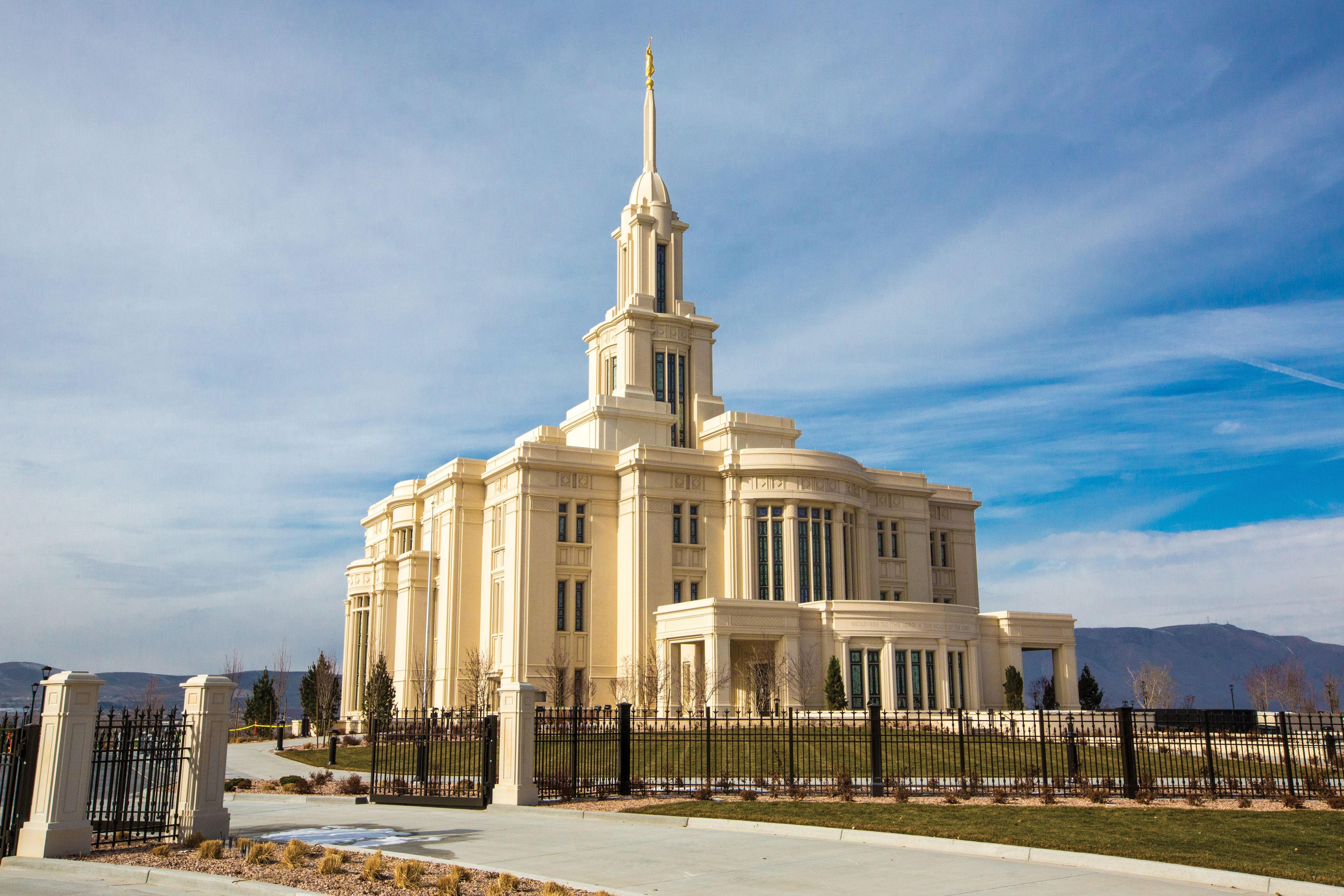 The east side of the Payson Utah Temple, its grounds, and its fence.