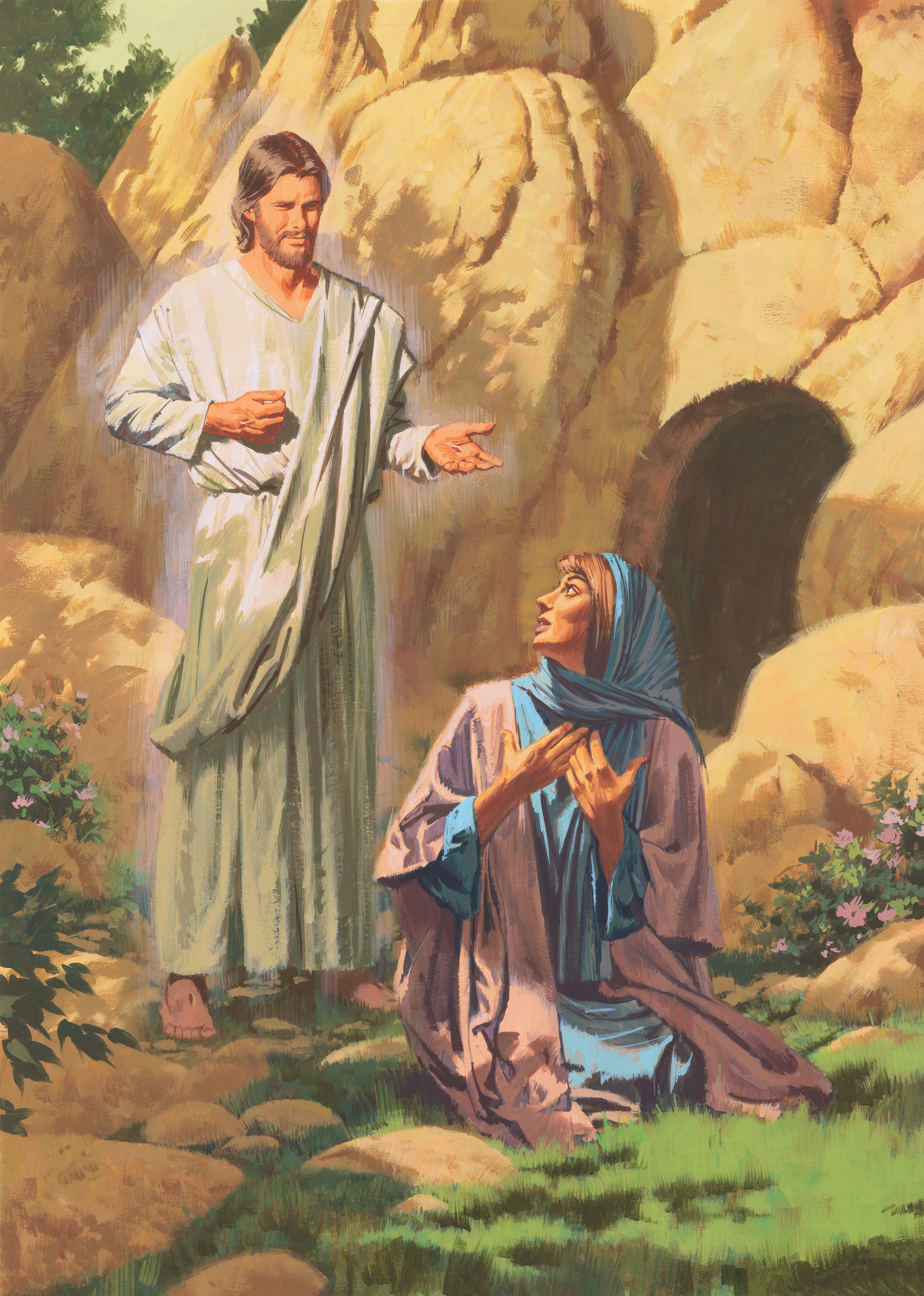 Ilustración por Paul Mann que muestra al Cristo resucitado hablando con María.