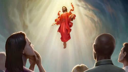 people watching as Christ descends in a red robe