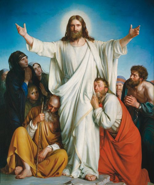 Christ with people leaning on Him for comfort