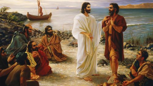 Christ has His hand on Peter’s shoulder as He instructs Peter to “feed my sheep.”