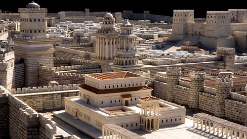 maqueta de la ciudad de Jerusalén con el palacio de Herodes en primer plano