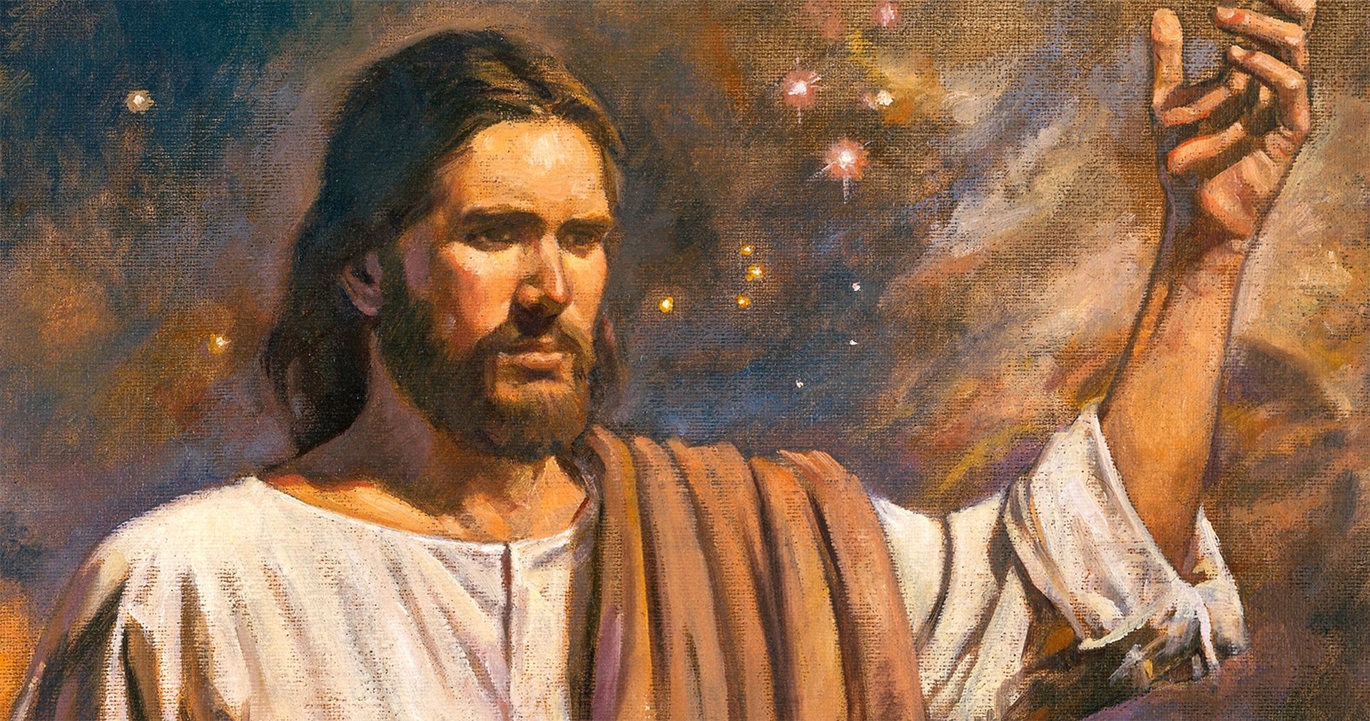 Painting of Jesus Christ with his arm raised, with clouds and stars in the background.
