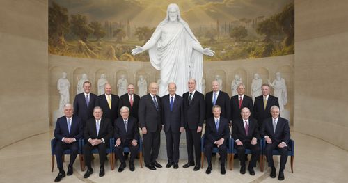 All the members of the First Presidency and the Quorum of the Twelve Apostles are seated or standing with the Christus Statue and statues of the Original Twelve at the Visitors’ Center in Rome, Italy. Front Left to Right: Dieter F. Uchtdorf, Jeffrey R. Holland, M. Russell Ballard, Dallin H. Oaks, Russell M. Nelson, Henry B. Eyring, David A. Bednar, Quentin L. Cook, D. Todd Christofferson, Gary E. Stevenson, Ronald A. Rasband, Neil L. Andersen, Dale G. Renlund, Gerrit W. Gong, Ulisses Soares