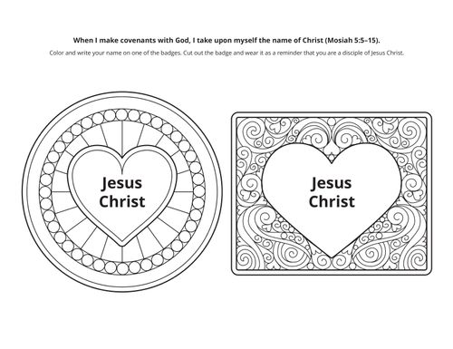 Black-and-white heart drawings with the name of Jesus Christ inscribed in center.