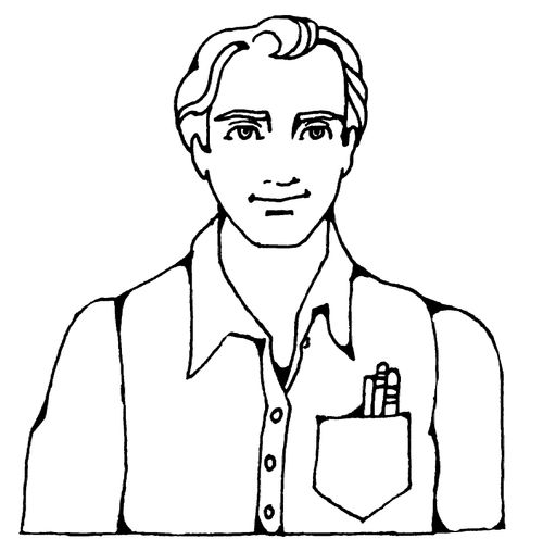 An illustration of Joseph Smith smiling in a button-up shirt with a front pocket.