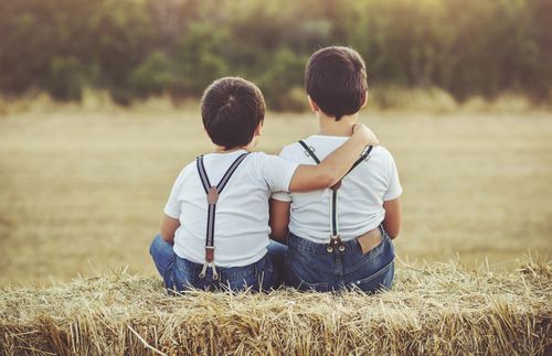 两个小男孩并肩坐在一綑干草上