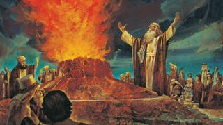 The Old Testament prophet Elijah standing next to an altar. Elijah has his arms extended as he commands fire from heaven to consume the altar.