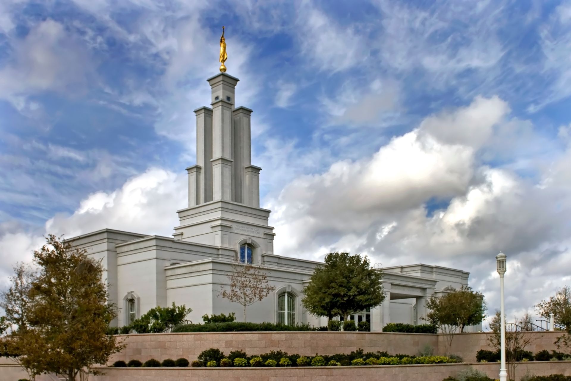 The San Antonio Texas Temple on a partly cloudy day.