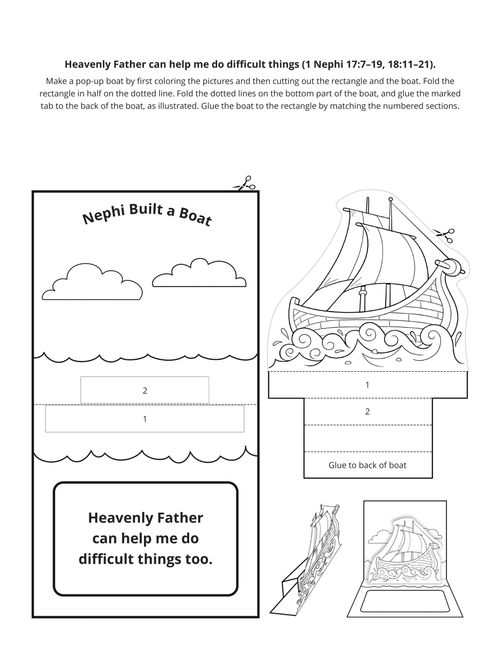 Line art activity page for Nephi Built a Boat, picture of boat, text Heavenly Father can help me do difficult things (1 Nephi 17: 7-19, 18: 11-21)