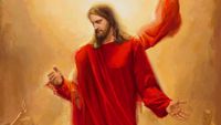 "He Comes Again to Rule and Reign" by Mary R. Sauer. Jesus Christ is descending to Earth at his Second Coming. There are men, women, and children surrounding him. He is wearing a red robe and is looking down at those who are gathering.