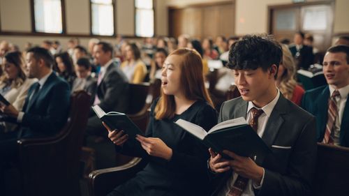 A church congregation singing hymns