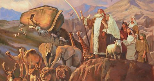 Noé, a családja, állatok, a bárka és egy szivárvány
