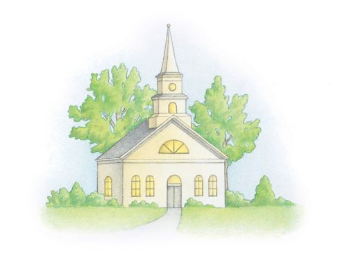 A watercolor illustration of a white meetinghouse with a tall steeple standing in front of two green trees.