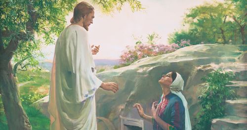The resurrected Jesus Christ appearing to Mary Magdalene at the empty tomb. Mary is kneeling before Christ and looking up at Him. Christ is dressed in white robes. Spring flowers and trees border the tomb. (Mark 16:9, John 20:11-18)