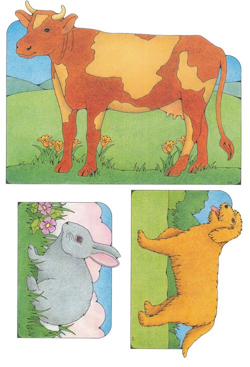 Primary cutouts of an orange cow with cream-colored spots, an orange dog with an open mouth, and a gray rabbit with pink ears.