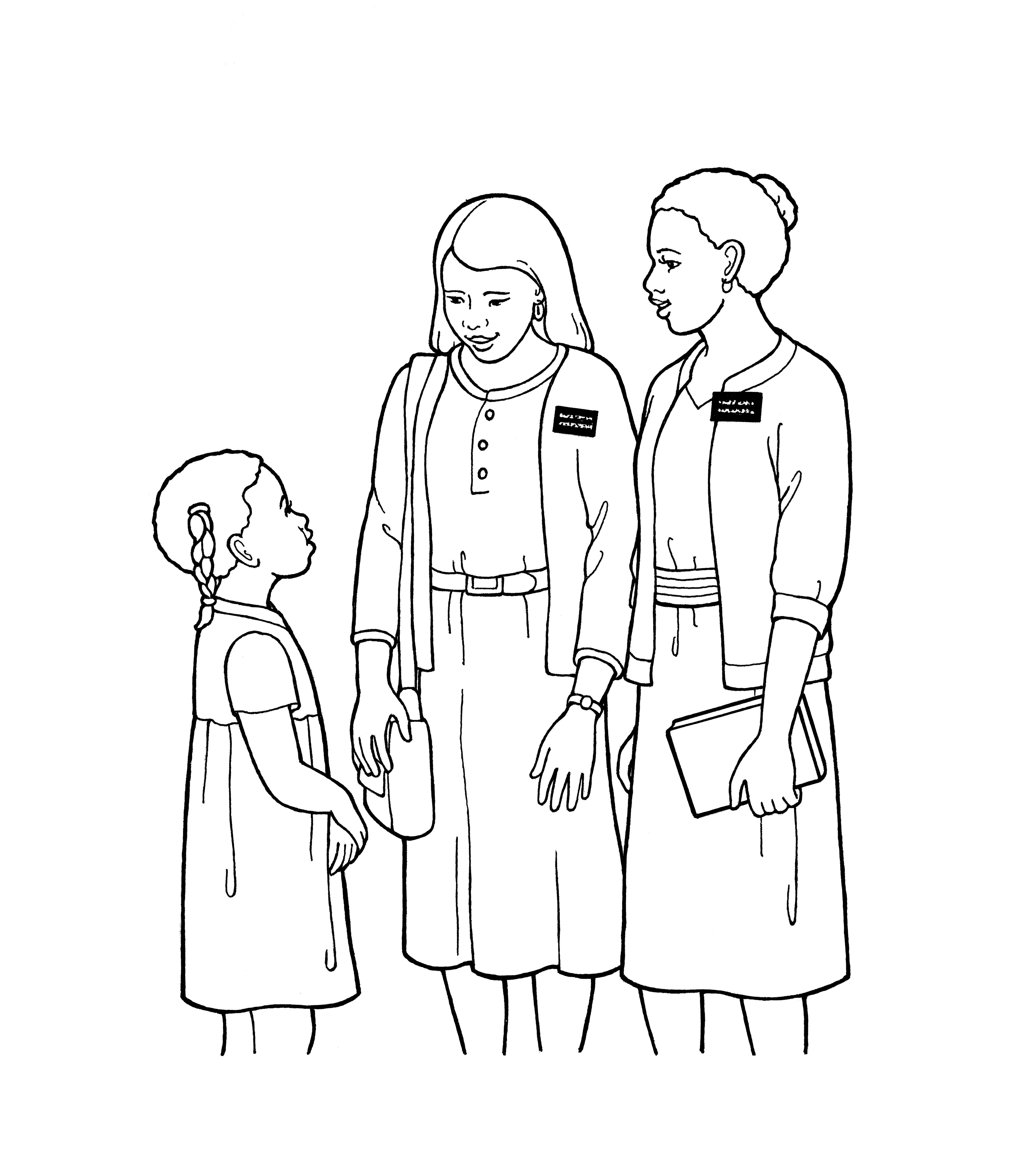 An illustration of two sister missionaries talking to a young girl.