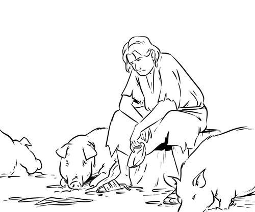 illustration of man tending pigs