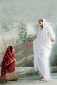 The resurrected Jesus Christ appearing to Mary Magdalene by the Garden Tomb.