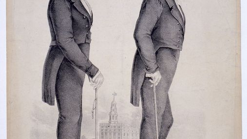 Drawing of Joseph and Hyrum full length side views, both lean on canes.  The Nauvoo Temple is barely visible between them in the distance.
