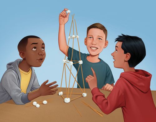 Drei Jungen bauen einen Turm aus Spaghetti und Marshmallows