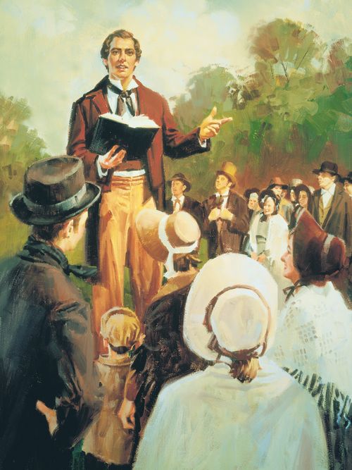 Painting portrays Joseph Smith teaching a group of people from the scriptures.