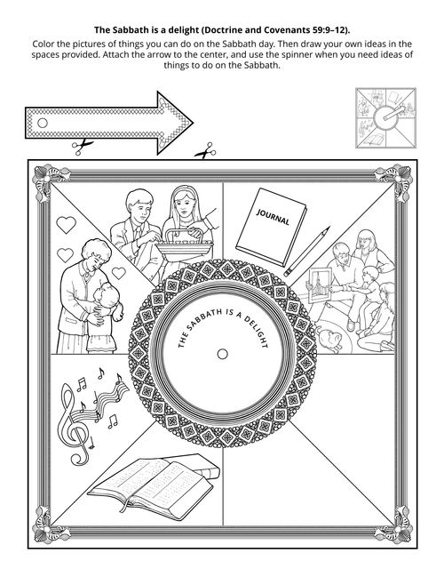 Line art illustration creates a spinning game where arrow points to worthy Sabbath activities.