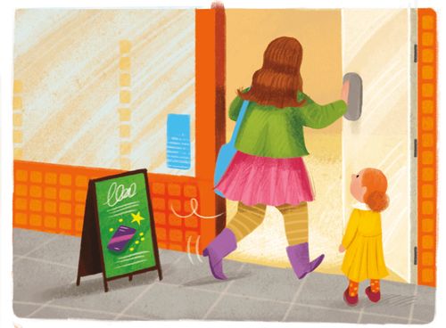 mom and Cait walk into store