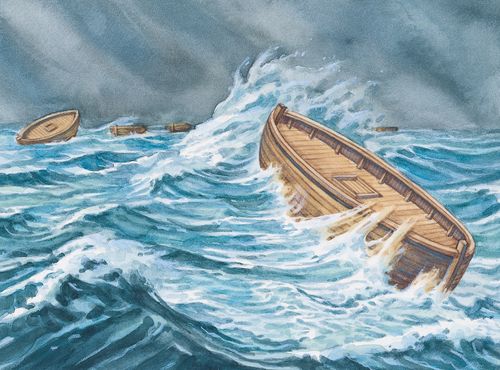 A painting by Robert T. Barrett showing the wooden Jaredite barges being tossed in the stormy sea.